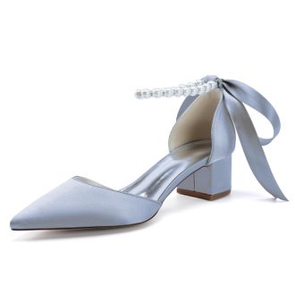 Generic Womens Pointed Toe Wedding Shoes Low Heels Satin Bridal Shoes Chunky Block Heels Comfortable Dance Shoes 4.5Cm,Silver,10 UK
