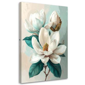 Feeby Cuadro Sobre Lienzo Magnolia Blanca Con Hojas Turquesa Sobre Fondo Claro 80x120