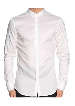 A|X Armani Exchange Mens Long Sleeve Ultra Stretch Lyocell Button Down Shirt. Slim Fit, White, Medium