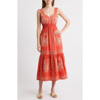 Rails Fawn Eyelet Embroidered Smocked Waist Sundress in Terracotta at Nordstrom Rack, Size X-Large