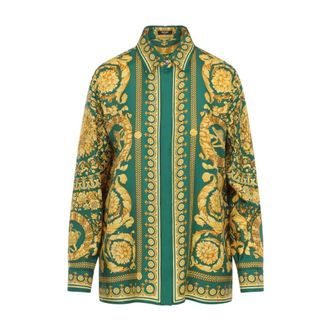Versace Casual Shirts, male, Green, Size: L Barocco Print Silk Shirt