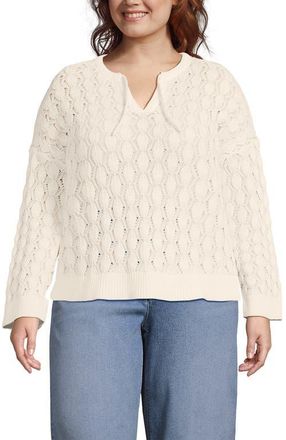 Lands End Plus Size Drifter Tie Notch Neck Sweater in Fresh Ivory at Nordstrom, Size 2X