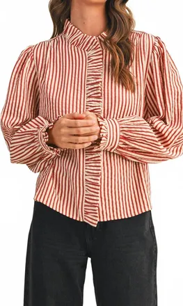 Merci Striped Ruffle Button Down Top In Red