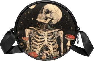 Generic Circle Crossbody Bag for Women, Skeleton Flowers Small Sling Bag Daypack with Zipper Adjustable Shoulder Straps Casual Ladies Girls Round Purse