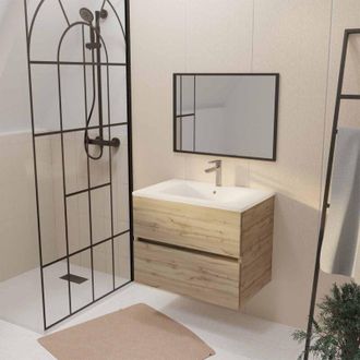 Aurlane Aurlane - Mueble De Ba&ntilde;o 70 Decorado Roble 2 Cajones Lavabo Blanco Y Espejo 70x50cm