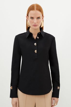 Karen Millen Womens Techno Cotton Woven Shirt With Gold Clasp - Black - Size 10 UK