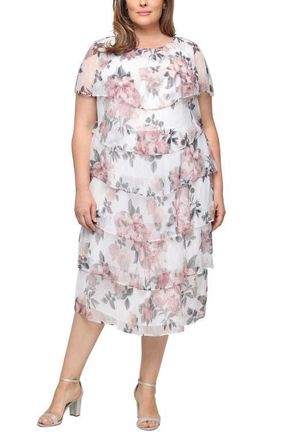 S.L. Fashions Floral Tiered Cocktail Dress in Ivory/Pink at Nordstrom, Size 22W