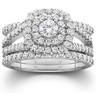 Pompeii3 1 1/4ct Diamond Engagement Cushion Halo Wedding Ring Trio Set 10K White Gold Size Selectable