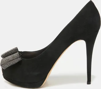 Giuseppe Zanotti Black Suede Crystal Embellished Bow Peep Toe Platform Pumps