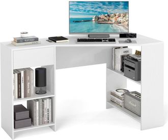 Costway Scrivania ad Angolo per Computer 120 x 60 cm, Scrivania a Forma di L con Ripiani e Cassetto, Scrivania Angolare Gaming Salvaspazio per