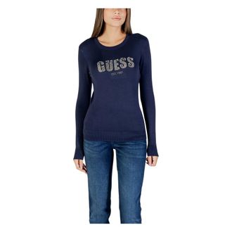 Guess Round-neck Knitwear, female, Blue, Size: XS Reyna Logo Sweater