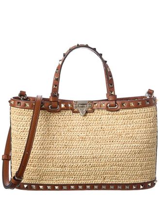 Valentino Rockstud Straw & Leather Tote