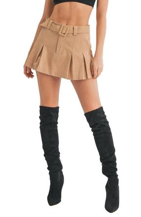 All in Favor Belted Pleated Cotton Miniskirt in Khaki at Nordstrom, Size Small