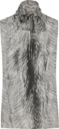 Dolce & Gabbana Fur Print Silk Chiffon Bow Top - Dames - Tops zonder mouwen - Grijs - M - Chiffon - Tops
