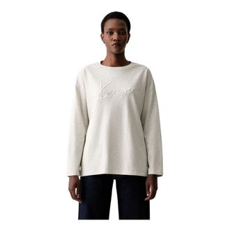 Kenzo Tops, Dames, Grijs, M, Katoen, Signature Geborduurd T-shirt met Lange Mouwen