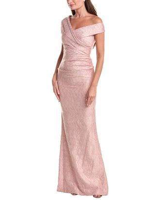 Teri Jon by Rickie Freeman Metallic Jacquard Off-Shoulder Pleated Gown