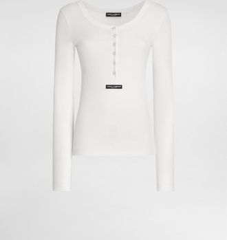 Dolce & Gabbana Ribbed Cotton Serafino T-shirt - Woman T-shirts And Sweatshirts White Cotton 40