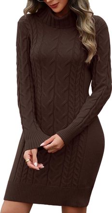 Heekpek Womens Jumper Dress Turtleneck Autumn Winter Jumpers Dresses Long Sleeve Knitted Bodycon Dress Warm Sweater Mini Dresses, Coffee, M