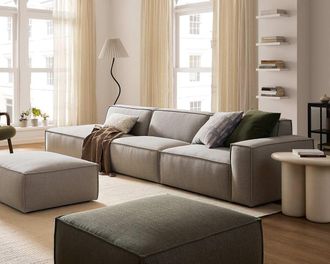 Castlery Jonathan Extended Side Chaise Sofa Left Facing with Ottoman, Dove Grey, Modular, Low-Profile, Castlery