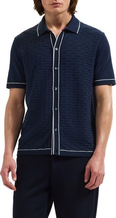 Bugatchi Short Sleeve Full Button Sweater in Navy at Nordstrom, Size Xx-Large