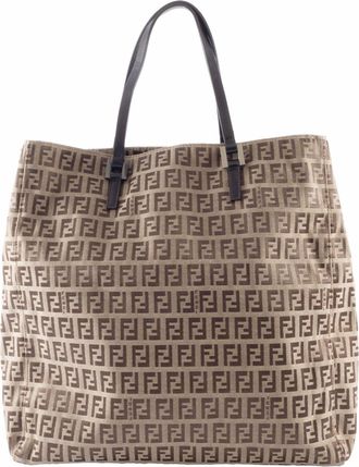 Fendi Zucca Beige Canvas Leather Handbag Tote Bag (Pre-Owned)