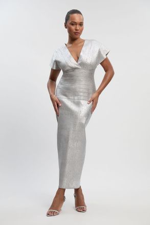 Karen Millen Womens Plus Size Foil Metallic Figure Form Angel Sleeve Knit Maxi Dress - Silver - Size 3XL