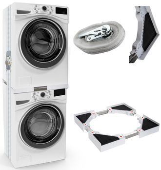OEM Bastidor De Conexi&oacute;n Universal Para Lavadoras Y Secadoras, Apilable Y Regulable En Altura, Con Estante Y Correa De Fijaci&oacute;n, Estructura Blanca, Longit