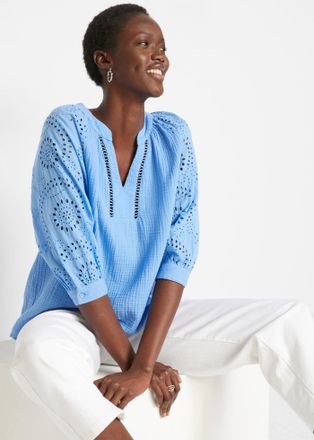 Bonprix Tunika BONPRIX, Damen, Gr. 38, mittelblau, Obermaterial: 100% Baumwolle. &Auml;rmel: 100% Baumwolle, figurumspielend, Tuniken Tunika, figurumspielende Pass