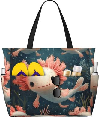 Generic Cute Axolotl Print Large Beach Bag Foldable Travel Shoulder Tote Bag With Pocket For Weekender Pool Vacation