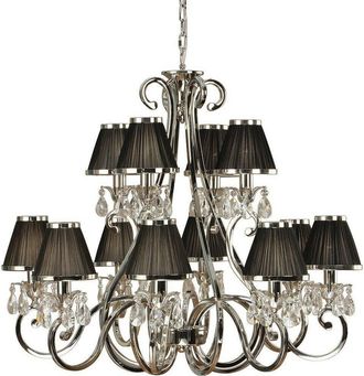 Loops Esher Ceiling Pendant Chandelier Nickel Crystal & Black Shades 12 Lamp Light