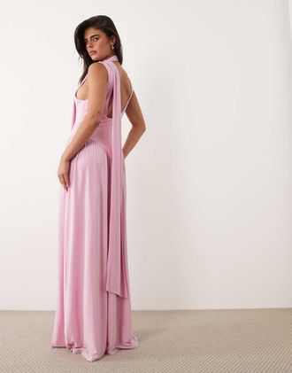 Asos Vestito lungo sinuoso rosa pallido con foulard