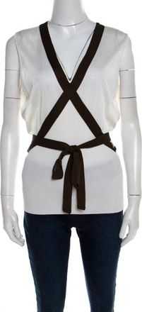 Escada Cream Knit Contrast Tie Up Trim Sleeveless Top