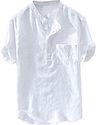Generic Mens Linen Shirts - Mens Button Down Grandad Shirt Short Sleeved Loose Summer T Shirts Mens Hippie Shirts Grandad Collar T-Shirts for Men Regular Fit 