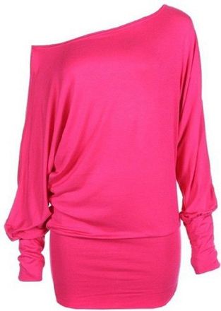 Crazy Girls Womens Long Sleeve One Off-Shoulder Plain Baggy Batwing Top UK8-24, Cerise, 2XL (UK 20-22)