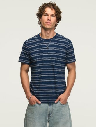 Lucky Brand Mens Indigo Stripe Crew One Pocket Tee