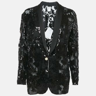 Ingie Paris Black Sequin Embellished Tulle Single Breasted Blazer