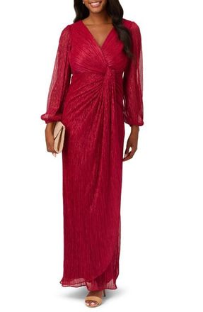 Adrianna Papell Metallic Long Sleeve Mesh Evening Gown in Scarlet at Nordstrom, Size 10