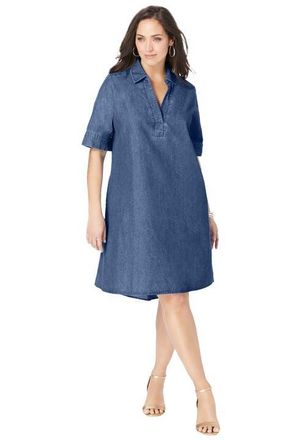 Jessica London Cuff Sleeve Denim Shirtdress in Medium Stonewash at Nordstrom, Size 14