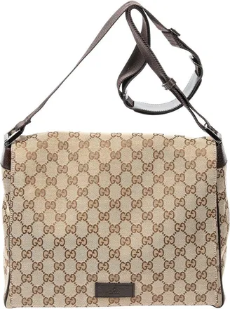 Gucci Beige & Brown Monogrammed Canvas Flap Messenger, Never Carried (Authentic Pre-Loved)