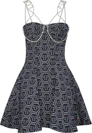 Philipp Plein Denim Mini Jurk Monogram - Dames - Feestkleedjes - Blauw - XS - Denim - Kleedjes