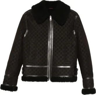 Gucci Leren jack met lammy kraag - Bruin
