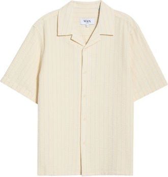 Wax London Didcot Stripe Cotton Seersucker Camp Shirt in Ecru/Blue at Nordstrom, Size Xx-Large