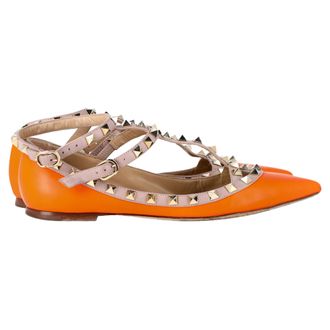 Valentino Pre-owned Womens Garavani Rockstud Ankle Strap Ballet Flats in Orange Leather - Size EU 37
