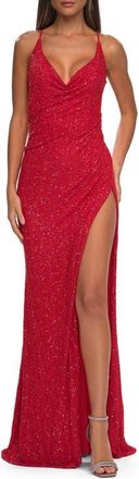 La Femme Cowl Neck Stretch Sequin Dress with Slit in Hot Coral at Nordstrom, Size 10