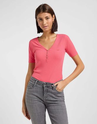 Lee T-Shirt LEE Lee T-Shirt Ss Henley, Damen, Gr. XS, pink, Obermaterial: 60% Polyester PES. 34% Viskose CV. 6% Elasthan EL., Shirts T-Shirt