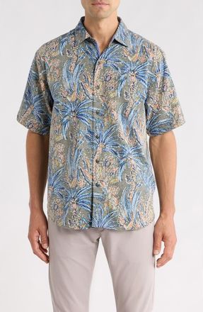 Tommy Bahama Nova Wave Fiera Fronds Short Sleeve Cotton Blend Seersucker Button-Up Shirt in Palm Moss at Nordstrom, Size Xxx-Large