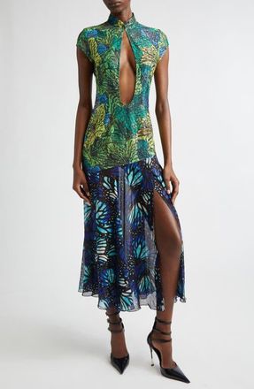 Kim Shui Butterfly Print Lace & Silk Chiffon Plunge Neck Dress in Green at Nordstrom, Size X-Small