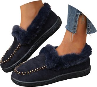 Generic Womens Winter Loafer Warm Fleece Lining Anti-Slip Ankle Snow Boots Slip On Casual Shoes Outdoor Plush Short Booties Fuzzy Loafers Fashion Low Top Flat