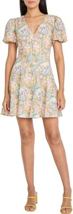 Donna Morgan Floral Puff Sleeve A-Line Minidress in Aqua/Gold at Nordstrom Rack, Size 16