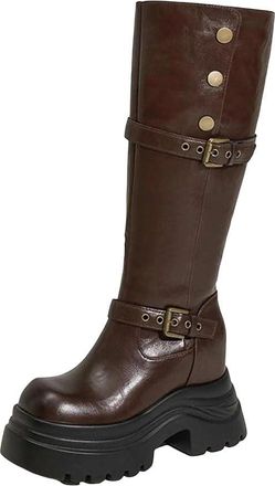 Generic Womens Stretch High Boots Patchwork Square Toe Slip On Dress Boots